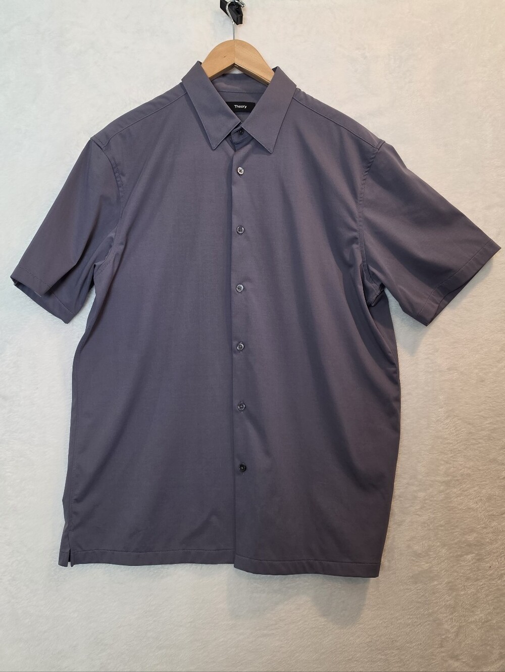 NWT Theory Irving Structure Knit Short Sleeve Shirt in Dusty Blue Size Large